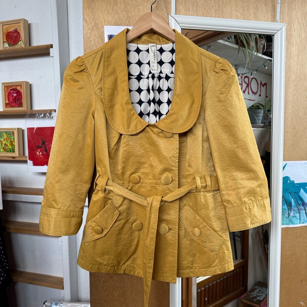 Fossil Mustard Yellow Belted Peplum Trench Coat